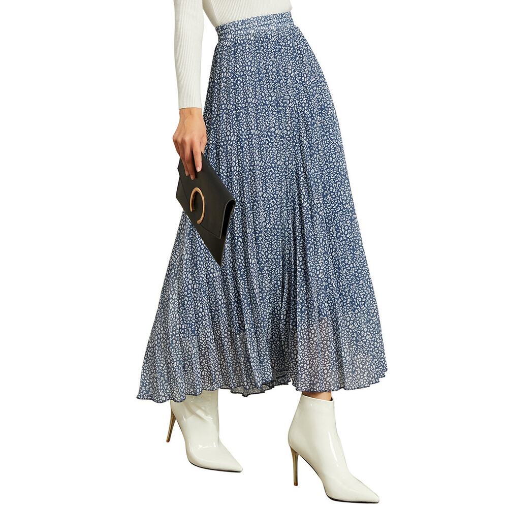 Exlura Blue Chiffon High Waist Printed Maxi Skirt
